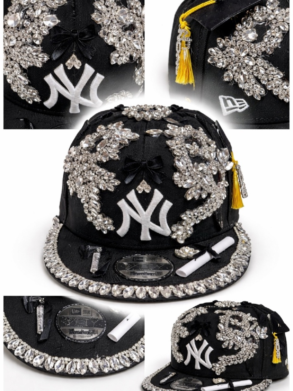 Embellished Black Baseball Cap with Crystal Accents Graduation SnapBack